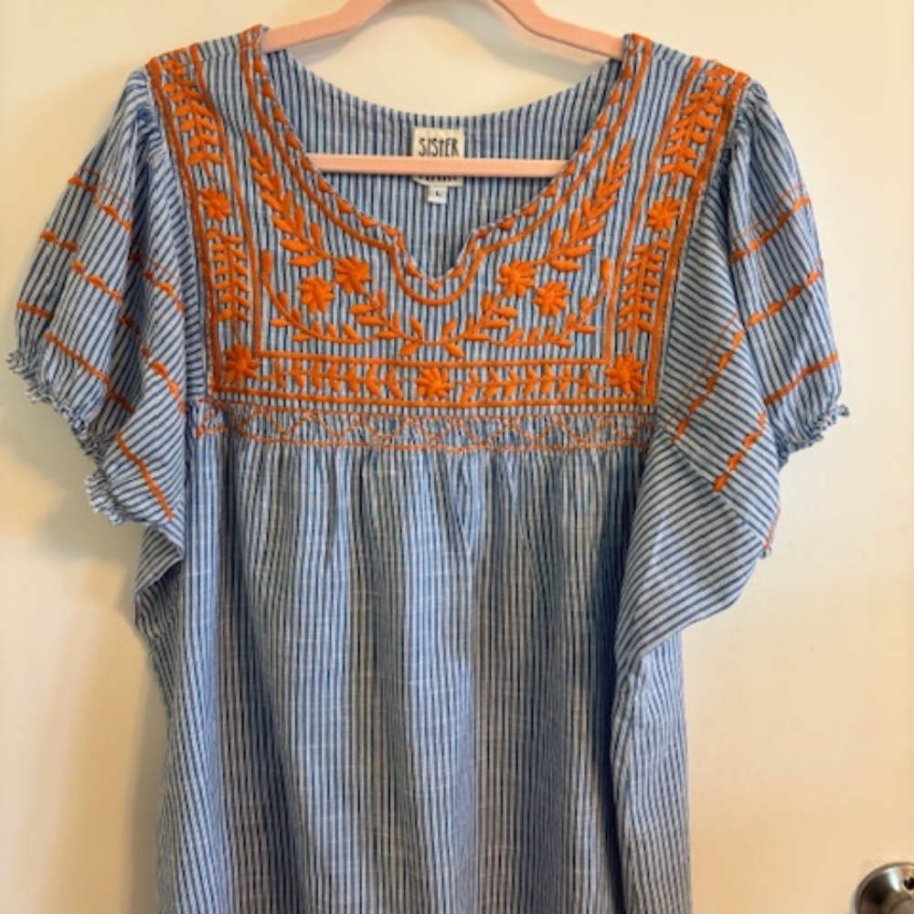 Sister Mary Blue Striped Blouse, Large, Fits Like XL, EUC